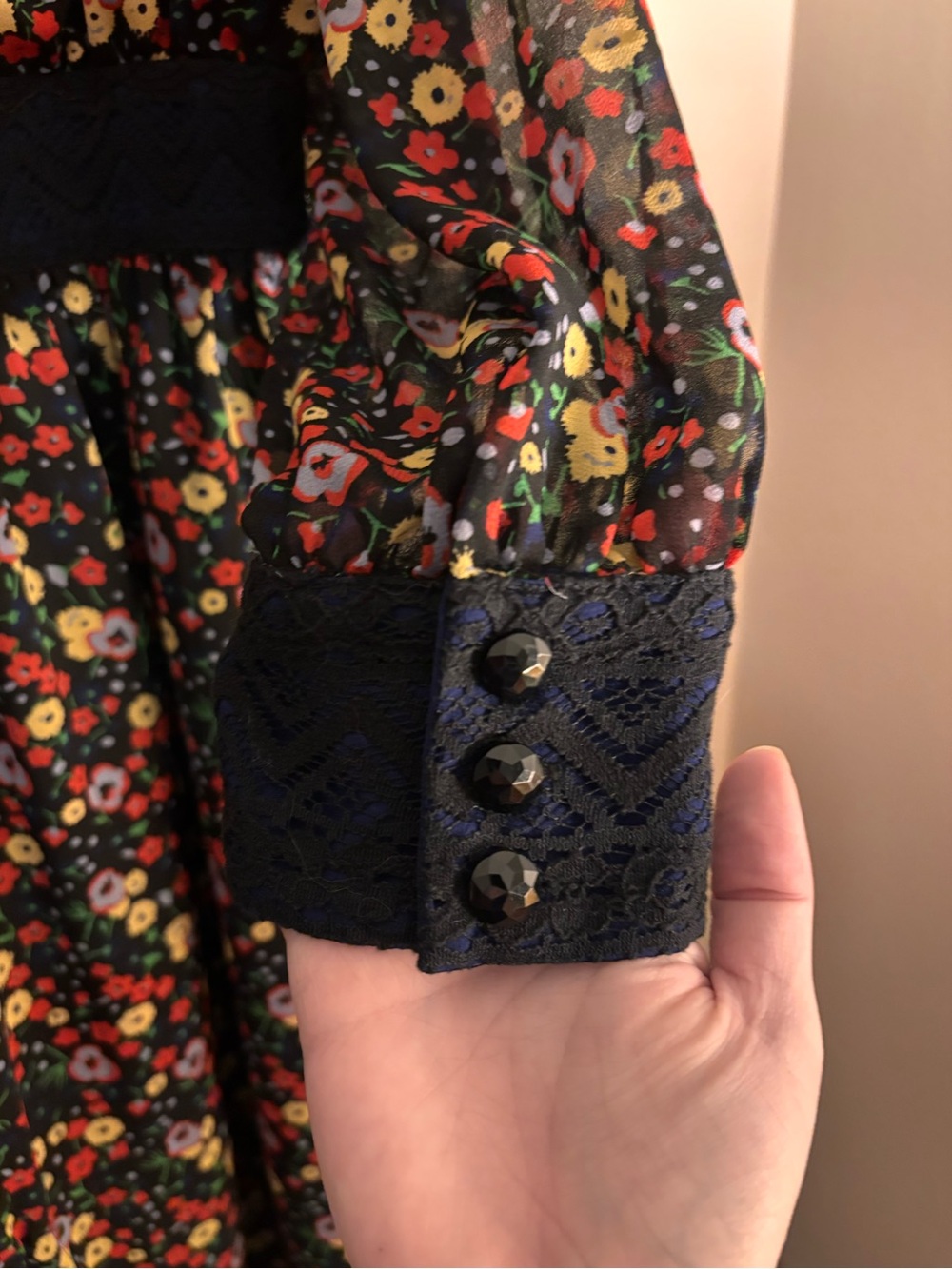 ModCloth Anna Sui Black Floral Lace-Yoke Long Sleeve Midi Dress - Picture 4 of 5